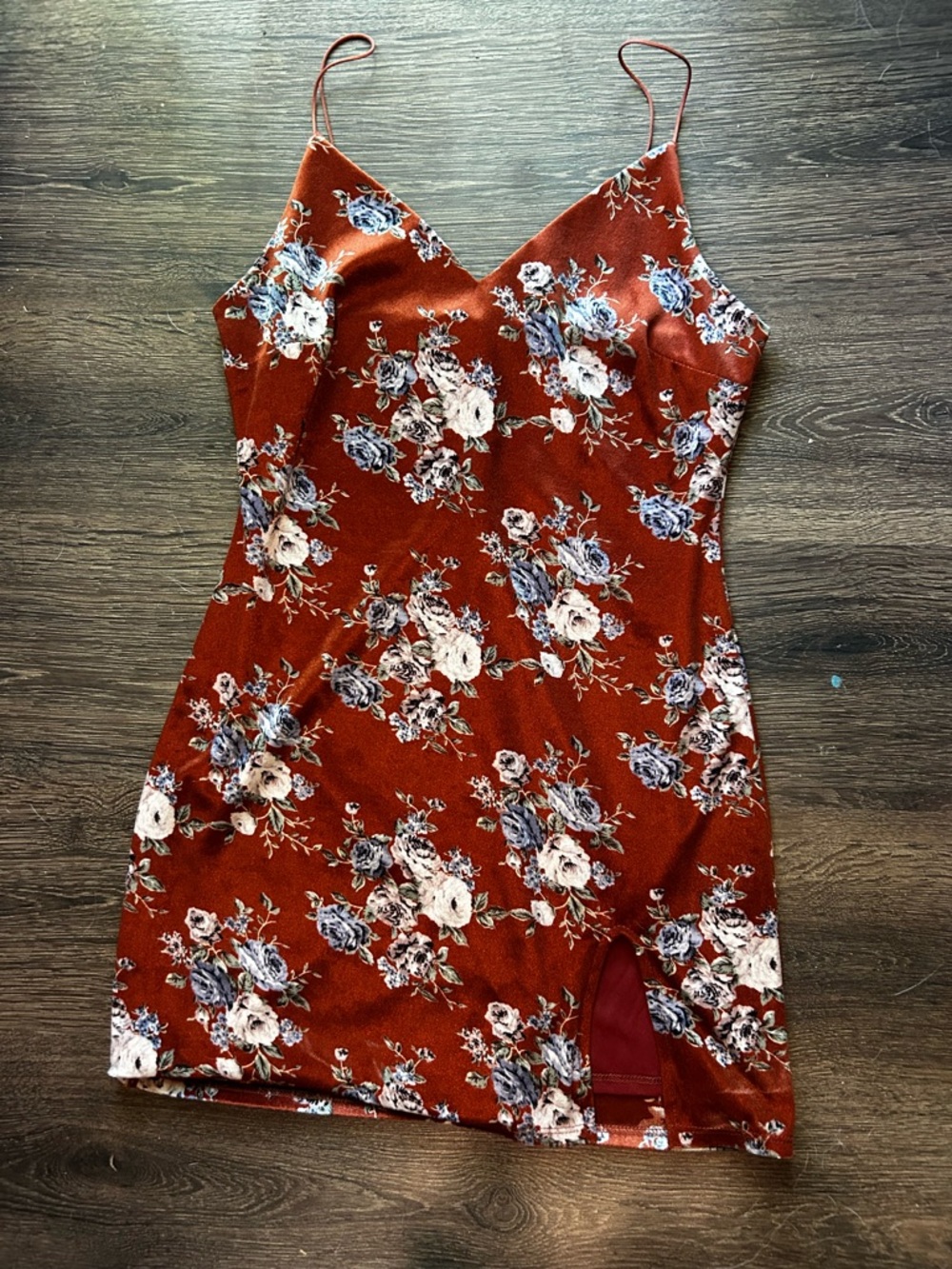 Urban Renewal Floral Velvet Slip Mini Dress in Rust Sleeveless V-Neck Body Con